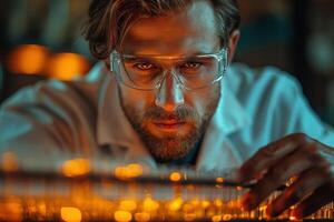 Focused male scientist analyzing data in a laboratory, illuminated by warm light, wearing protective eyewear. photo