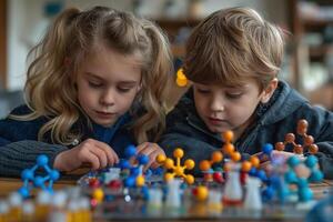 Two young children, a girl and a boy, concentrate on building with colorful building blocks indoors. photo