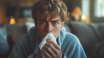 A young Caucasian male in a cozy blanket, looking contemplative while holding a tissue, conveying a sense of vulnerability and introspection. photo