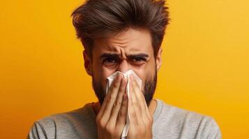 A concerned Hispanic man is sneezing into a tissue against a bright yellow background, conveying feelings of discomfort. photo