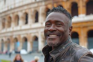 A smiling Black man in a stylish leather jacket poses with the Colosseum in the background, capturing a moment of joy in Rome. photo