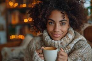 A young Black woman in a cozy sweater enjoys a warm drink, radiating warmth and contentment in a softly lit room with bokeh lights. photo