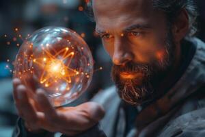A thoughtful middle-aged man gazes into a glowing crystal sphere, contemplating the mysteries of science and creativity. photo