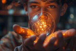 A young boy of Middle Eastern descent gazes intently at a glowing orb, symbolizing curiosity and discovery in a magical setting. photo