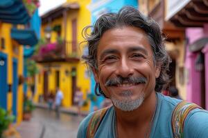 Smiling middle-aged Hispanic man with curly gray hair, captured in a vibrant street filled with colorful buildings. photo