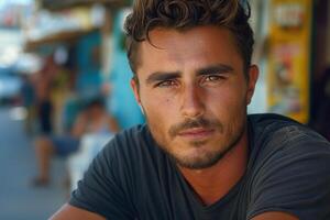 Young Hispanic man with curly hair and intense gaze, captured in a vibrant outdoor market setting. photo