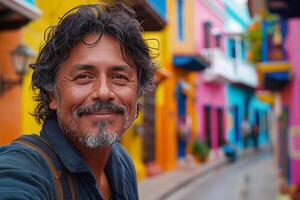 Smiling Hispanic man with a beard in a vibrant, colorful street setting, capturing a joyful moment. photo