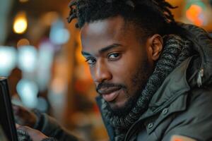 A young Black man with an intense gaze, wearing a cozy jacket, deeply focused on his laptop in a warm, ambient setting. photo