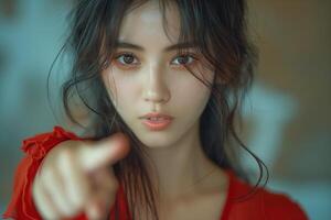 A young Asian woman in a red dress gazes intently at the camera, pointing confidently with a soft focus background. photo