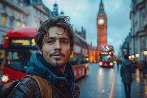 A young Caucasian male stands confidently in front of Big Ben, with double-decker buses in the background on a cloudy evening. photo