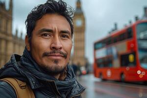 A Hispanic male with a rugged look smiles confidently in front of a London bus and Big Ben on a cloudy day. photo