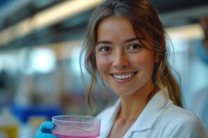 A smiling young woman in a lab coat holds a petri dish with colorful substance, exuding a sense of enthusiasm and joy. photo