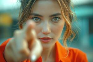 A young woman with striking green eyes points confidently at the camera, exuding determination in a vibrant orange shirt. photo