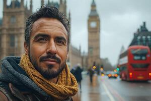 A smiling man in a brown leather jacket and mustard scarf stands in front of Big Ben, enjoying a rainy day in London. photo