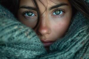 Intense gaze of a young woman with green eyes, wrapped snugly in a cozy knitted scarf, exuding warmth and introspection. photo