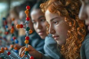 Two young girls engaged in science, focusing on a colorful molecular model, showcasing curiosity and teamwork. photo