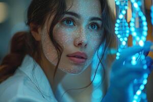 A young, mixed-ethnicity woman gazes thoughtfully while interacting with glowing blue tubes in a lab setting. photo