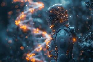 An astronaut stands in a surreal landscape, surrounded by glowing DNA strands and ethereal lights. photo