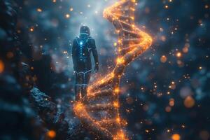 A futuristic male astronaut explores a glowing DNA helix in a dark, cosmic environment, symbolizing the fusion of science and exploration. photo