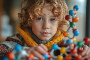 A young boy with curly hair and freckles attentively engages with colorful molecular models, showcasing curiosity and creativity. photo