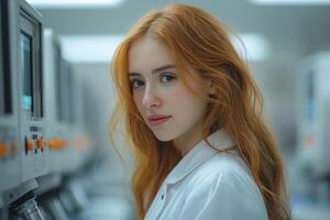 A young Caucasian woman in a lab coat gazes thoughtfully at the camera in a sophisticated laboratory setting. photo