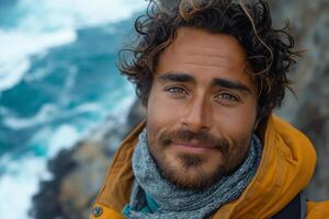 Smiling male adventurer with curly hair and a beard in an orange jacket against a coastal backdrop. photo