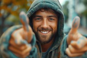 Smiling Caucasian man in a green hoodie, playfully pointing fingers at the camera with a charming, friendly expression. photo
