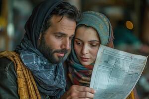 A man and woman of Middle Eastern descent intently read a newspaper together, showcasing a sense of shared curiosity and connection. photo