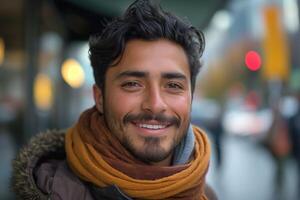 A smiling Middle-Eastern man in a warm scarf, exuding joy in an urban setting during autumn. photo