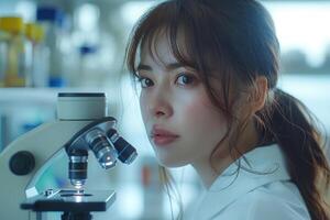 A young Asian woman intently observes through a microscope in a bright laboratory environment. photo