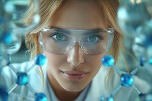 Close-up of a young Caucasian female scientist wearing safety goggles, examining molecular structures in a lab setting. photo