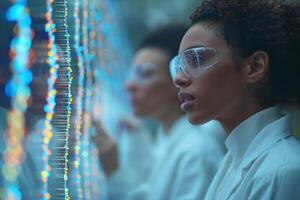 A focused young Black woman in safety goggles observes data displays in a lab setting, surrounded by fellow researchers. photo