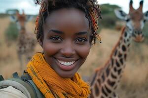A smiling Black woman with dreadlocks poses amidst giraffes in a natural setting, highlighting a joyful connection with wildlife. photo