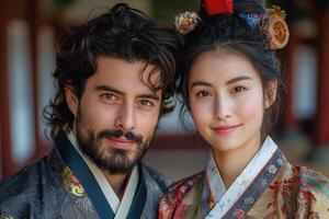 A charming couple, a South Asian male and East Asian female, dressed in traditional garments, smiles warmly in a serene setting. photo