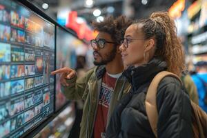 A young Black male and a young Black female engaged in a digital display at a tech event, exploring various multimedia options. photo