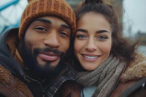 A joyful couple, a Black man and a Caucasian woman, smiling together outdoors in cozy winter attire, surrounded by a chilly atmosphere. photo