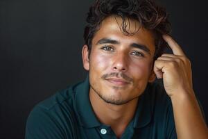 A young man with medium brown skin and curly hair, resting his chin on his hand, exuding confidence and thoughtfulness. photo
