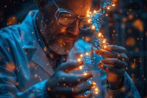 A focused elderly Caucasian male scientist examines a glowing DNA model, embodying innovation and discovery in a lab setting. photo