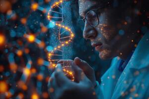 A male scientist with glasses contemplates DNA strands, illuminated with vibrant light effects in a laboratory setting. photo