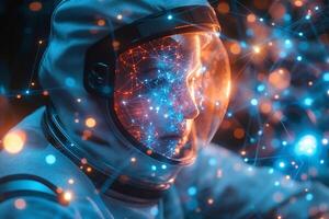 A close-up of a male astronaut in a futuristic helmet, surrounded by vibrant digital network elements, symbolizing exploration and technology. photo
