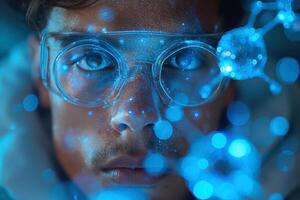 A young boy with light skin and glasses gazes intensely, surrounded by shimmering blue particles and a molecular structure. photo