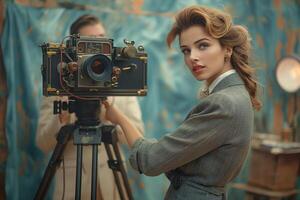 A stylish Caucasian woman poses with a vintage camera in a creative studio setting, exuding confidence and elegance. photo