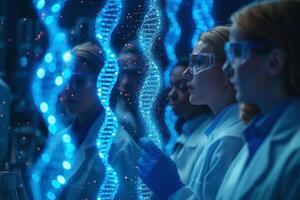 Two female scientists, one of Caucasian descent and one of Hispanic descent, observe DNA strands in a lab setting. photo