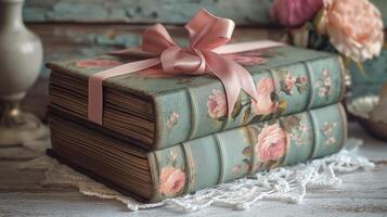 Elegant stack of vintage books with floral design, wrapped in a soft pink ribbon, creating a charming and nostalgic decor. photo