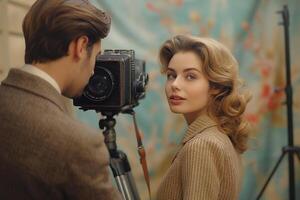 A vintage-inspired portrait of a young Caucasian woman, styled with soft curls, posing for a camera held by a man. photo