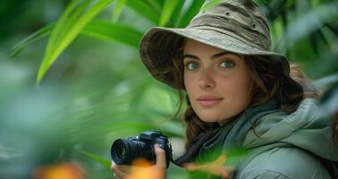 A young woman with long brown hair and striking blue eyes wearing a hat and jacket, holding a camera in a lush green setting. photo