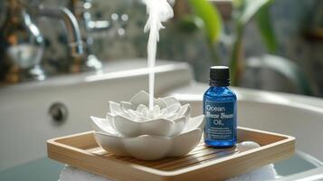 A serene spa setting featuring a decorative ceramic lotus and aromatherapy oil, enveloped in soothing steam. photo