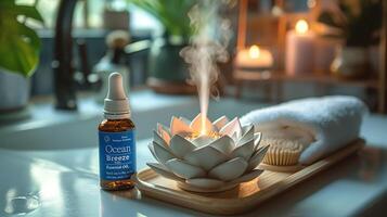 A serene setting featuring a white lotus diffuser, essential oil, and towels, creating a calming spa atmosphere. photo