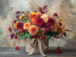 An elegant arrangement of vibrant orange and burgundy flowers in a rustic basket, adorned with autumn leaves and berries. photo