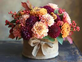 A vibrant bouquet of dahlias in warm autumn hues, arranged beautifully in a burlap-wrapped pot. photo